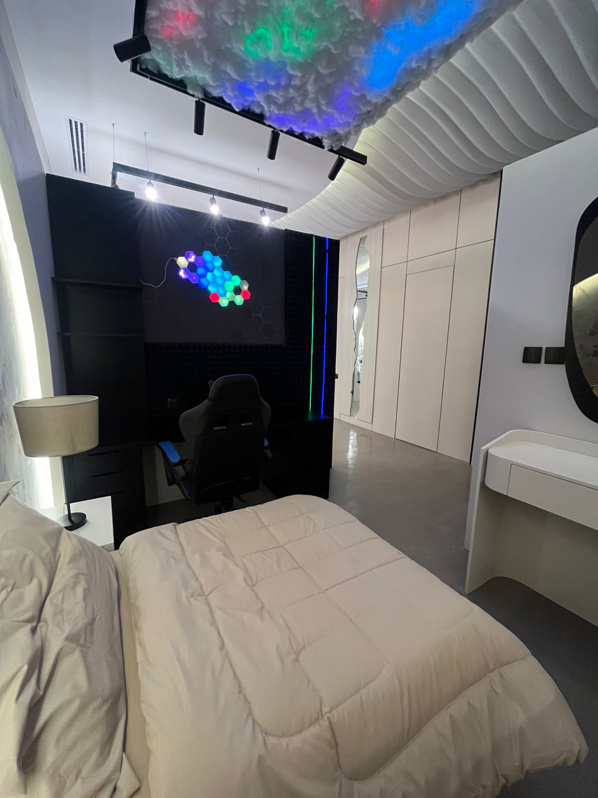 Custom gaming bedroom — RGB cloud ceiling